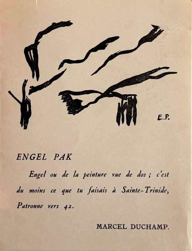 DUCHAMP (Marcel). PICABIA (Francis). AUDIBERTI. ELUARD (Paul). — Carton d’invitation-catalogue dépliant adressé à Paul Eluard pour le vernissage de l’exposition de Henri Nouveau, Alexandre Noll et Engel Pak. (Réf. 18050)