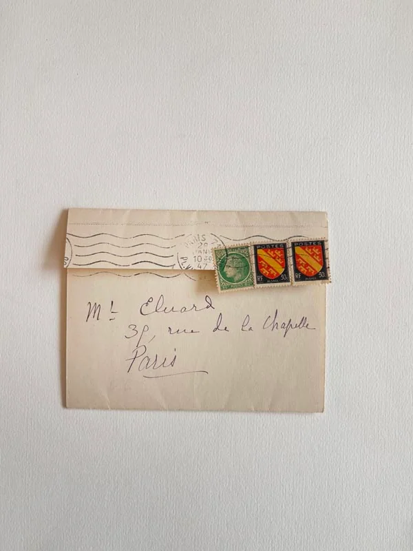 DUCHAMP (Marcel). PICABIA (Francis). AUDIBERTI. ELUARD (Paul). — Carton d’invitation-catalogue dépliant adressé à Paul Eluard pour le vernissage de l’exposition de Henri Nouveau, Alexandre Noll et Engel Pak. (Réf. 18050)