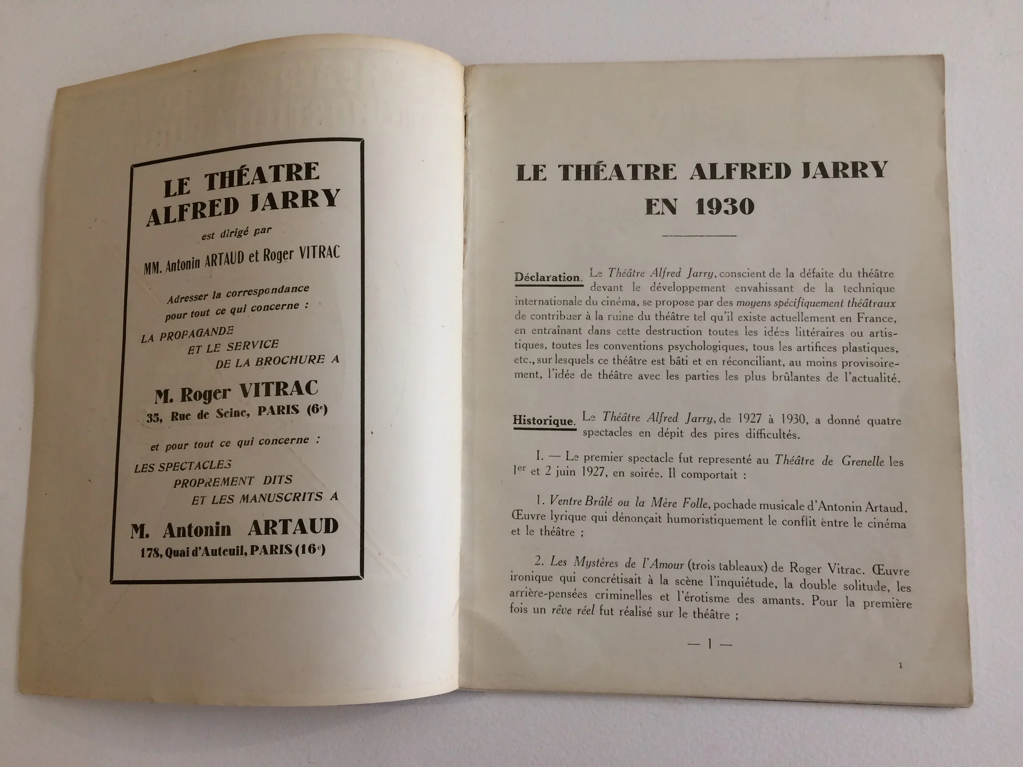 ARTAUD (Antonin) et VITRAC (Roger). LOTAR (Elie). — Le Théatre Alfred Jarry et l'hostilité publique. (Réf. 19771)
