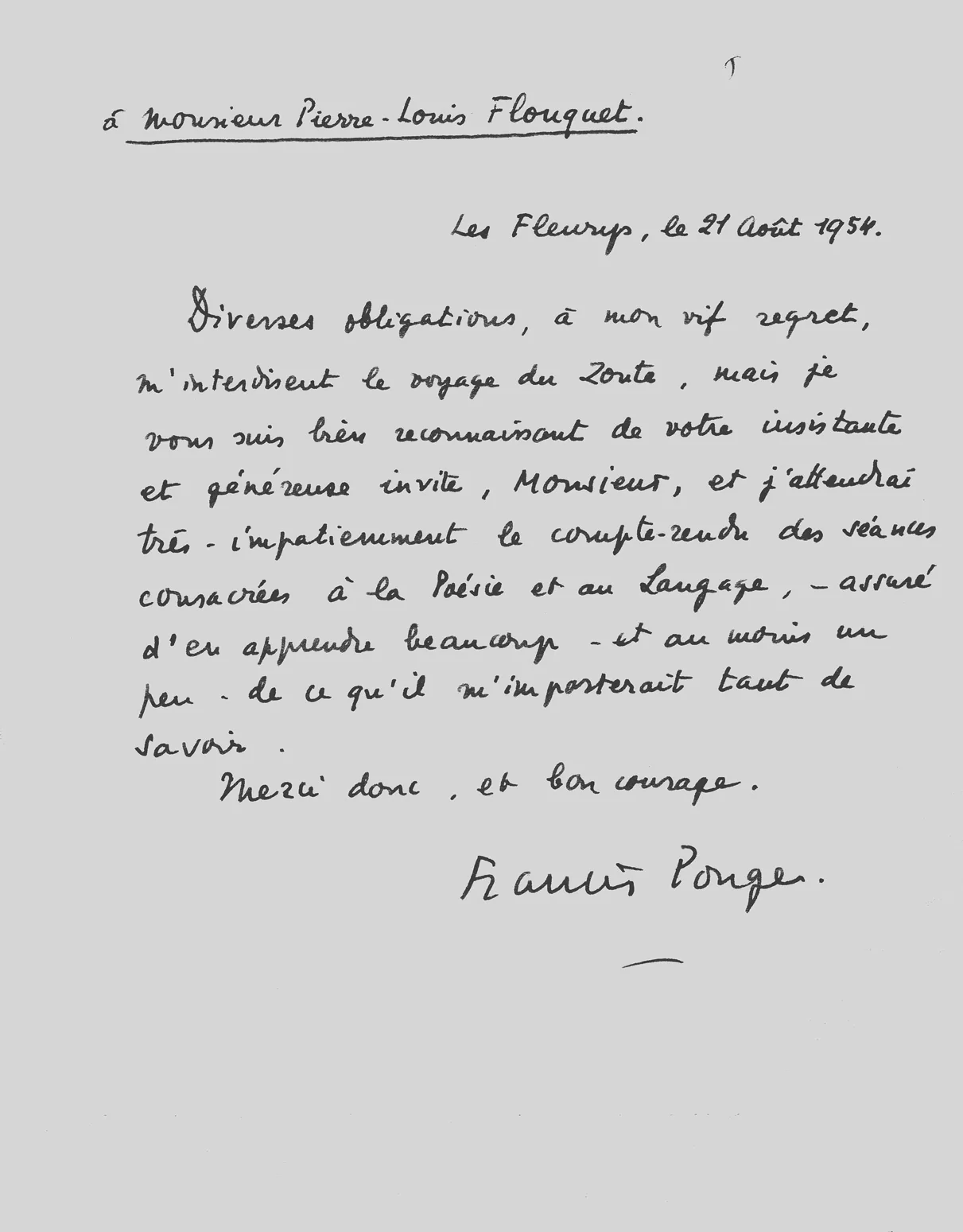 PONGE (Francis). — L.A.S. à Pierre-Louis Flouquet. (Réf. 19780)