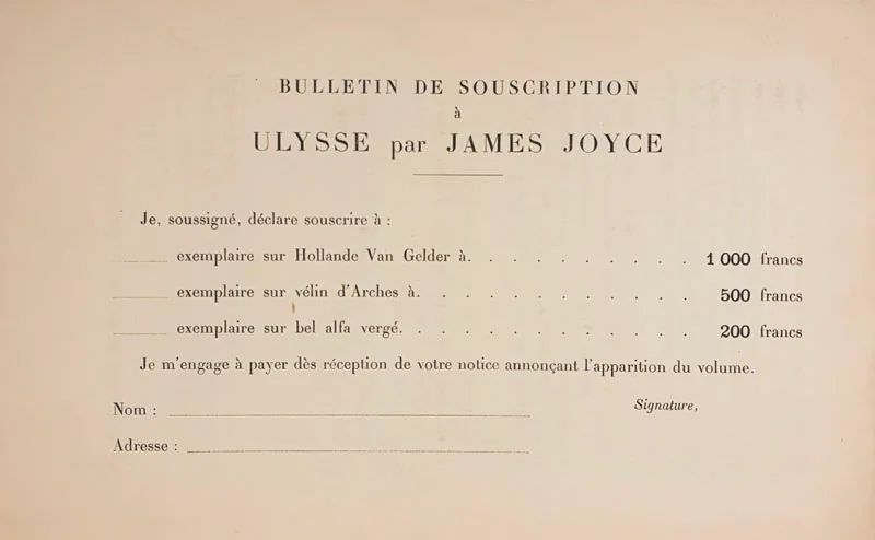 JOYCE (James). — Bulletin de souscription d’Ulysse. (Réf. 21174)