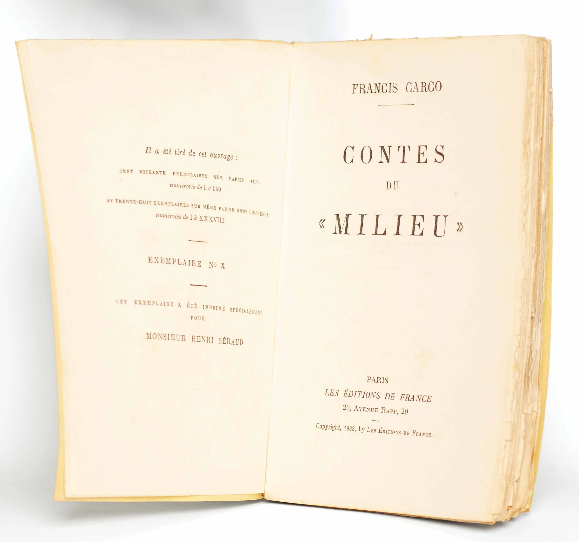 CARCO (Francis). — Contes du “Milieu”. (Réf. 21431)