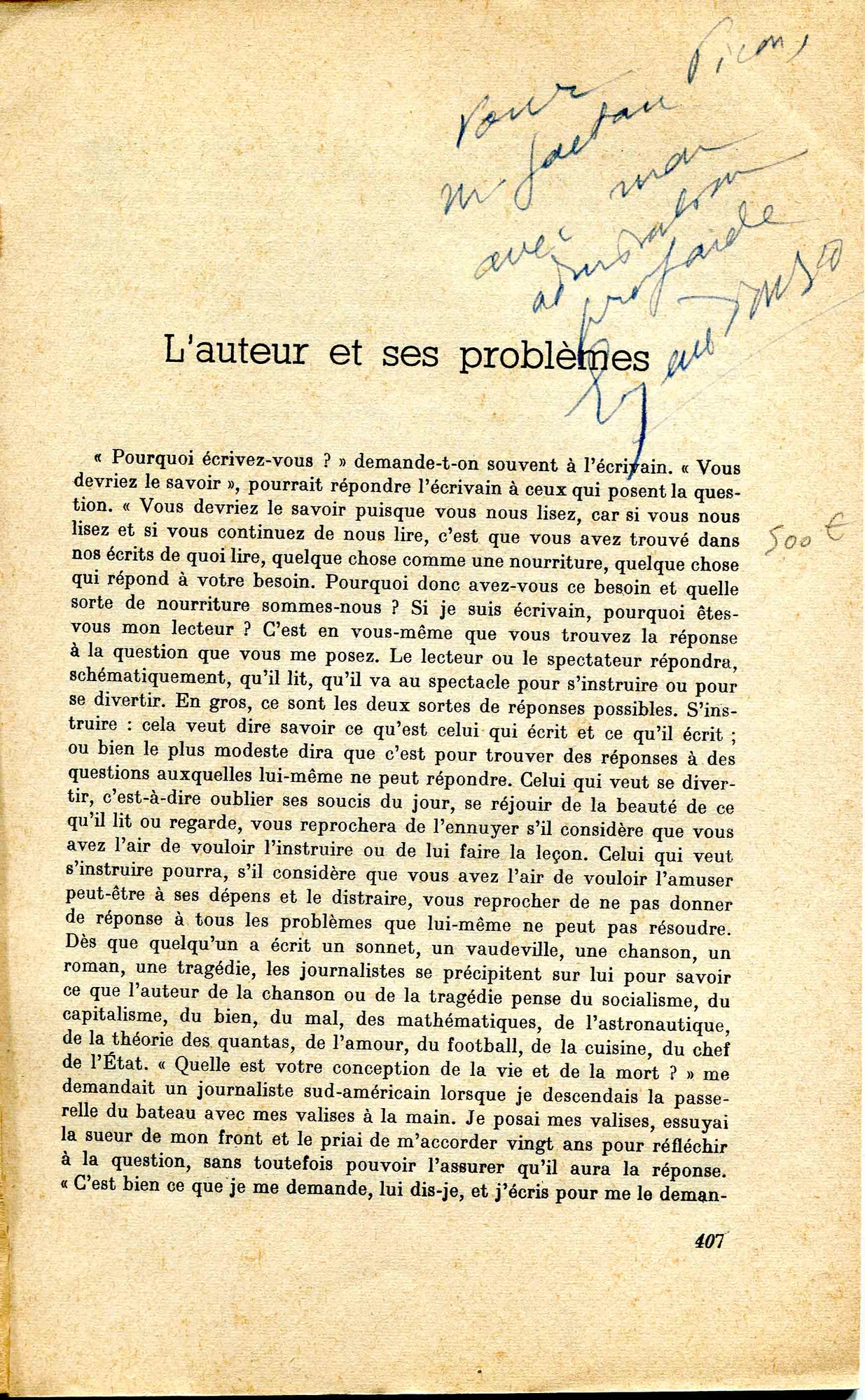 IONESCO (Eugène). — L’Auteur et ses problèmes. (Réf. 22463)