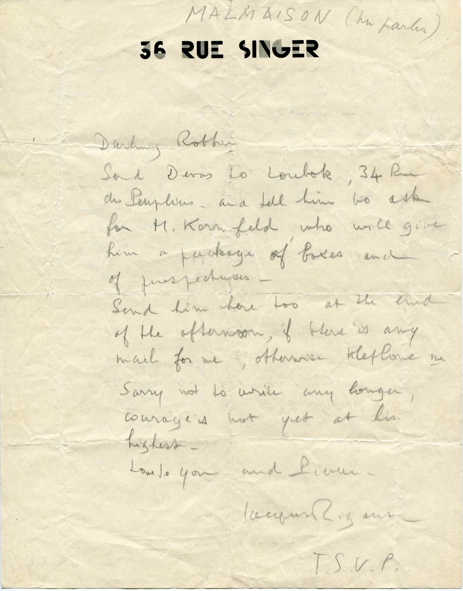 RIGAUT (Jacques). — 5 L.A.S. à Robbie [ROBERTSON]. (Réf. 22751)