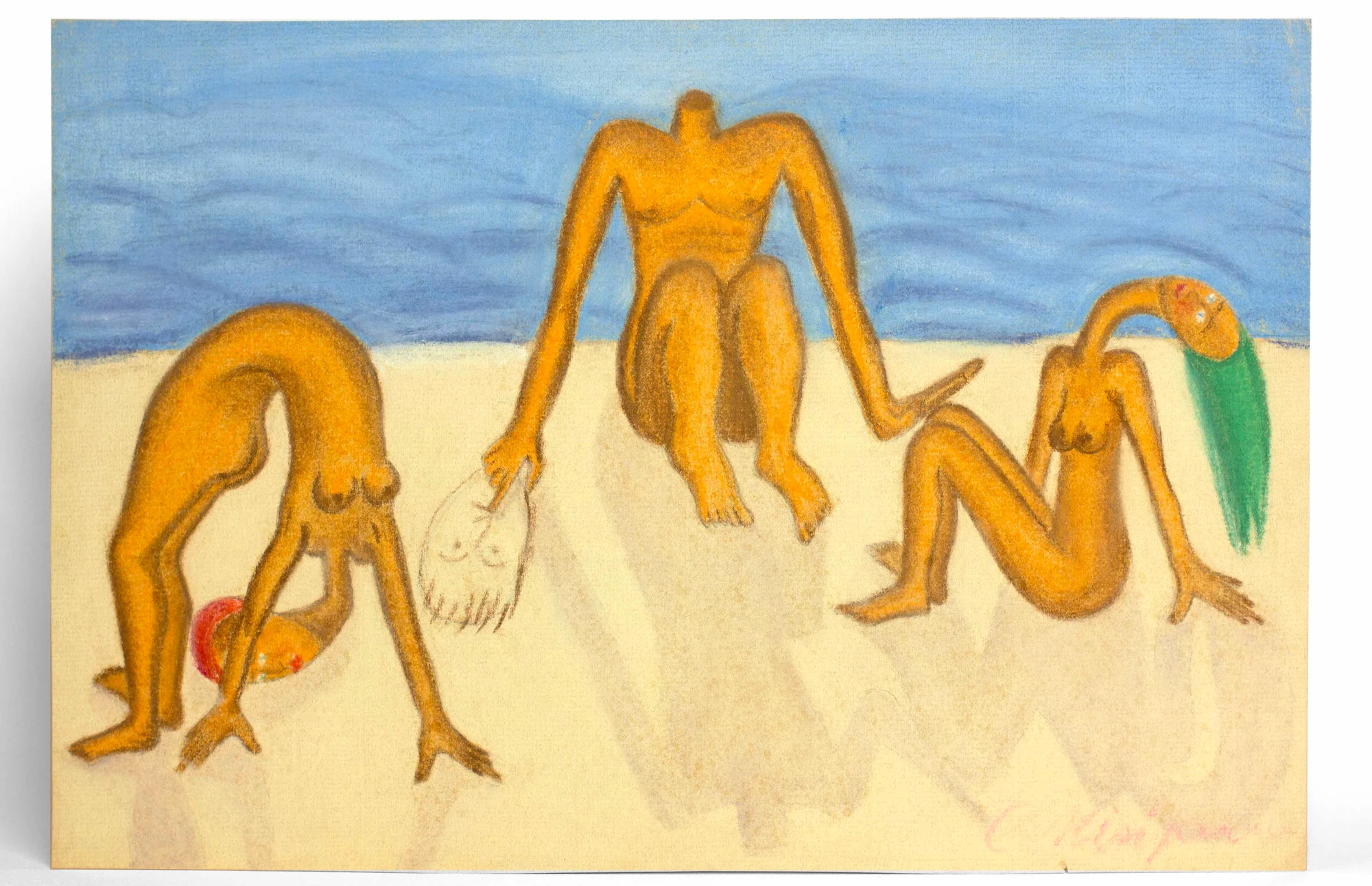 NISSIPEANU (Constantin). — SUR LA PLAGE. DESSIN ORIGINAL EN COULEURS SIGNE. (Réf. 22813)