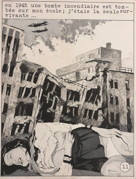 SLOCOMBE (Romain). — Prisonnière de l’armée rouge! Planche originale n° 11. “en 1945 une bombe incendiaire est tombée sur mon école; j’étais la seule survivante ï...” (Réf. 24760)