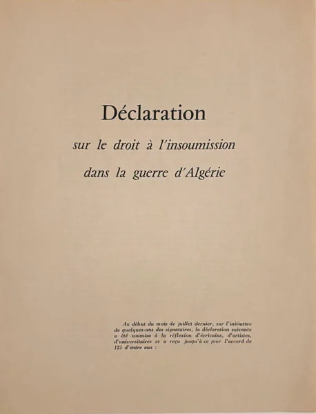 [Manifeste des 121]. BLANCHOT (Maurice), SCHUSTER (Jean). MASCOLO (Dionys). — Déclaration sur le droit à l'insoumission dans la guerre d'Algérie. (Réf. 25482)