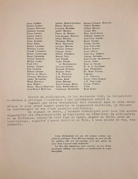 [Manifeste des 121]. BLANCHOT (Maurice), SCHUSTER (Jean). MASCOLO (Dionys). — Déclaration sur le droit à l'insoumission dans la guerre d'Algérie. (Réf. 25482)
