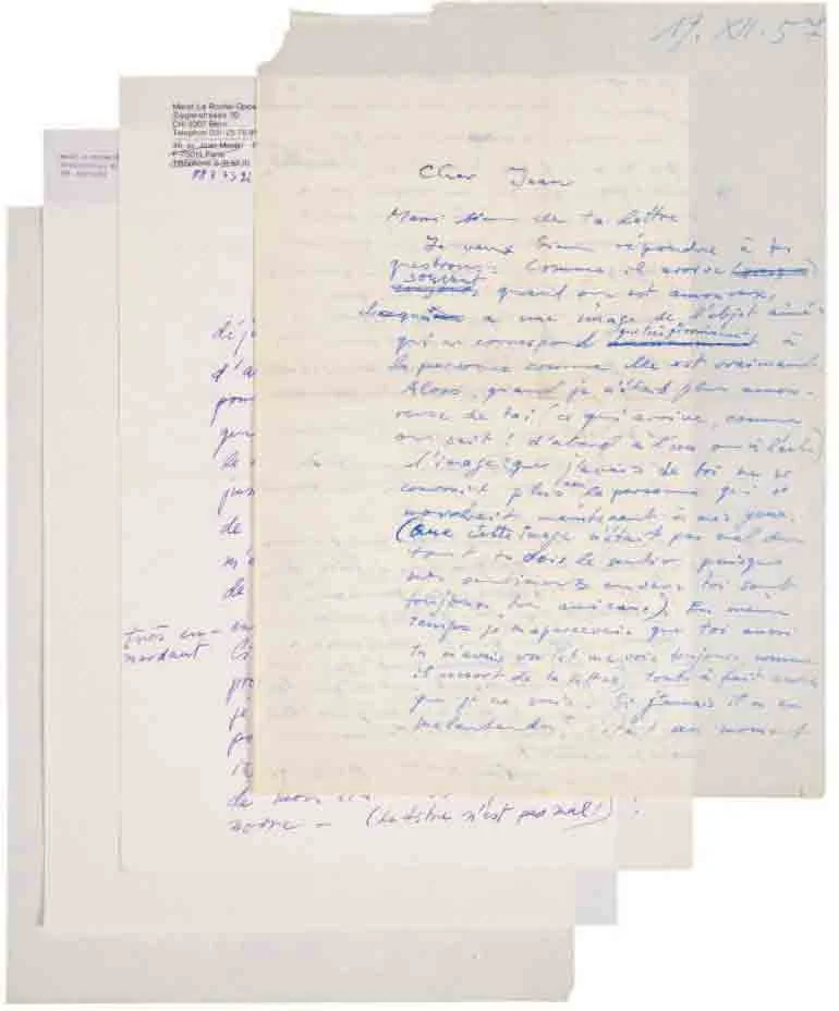 OPPENHEIM (Meret). — 4 lettres autographes signées et 1 carte autographe signée à Jean Schuster. (Réf. 25491)