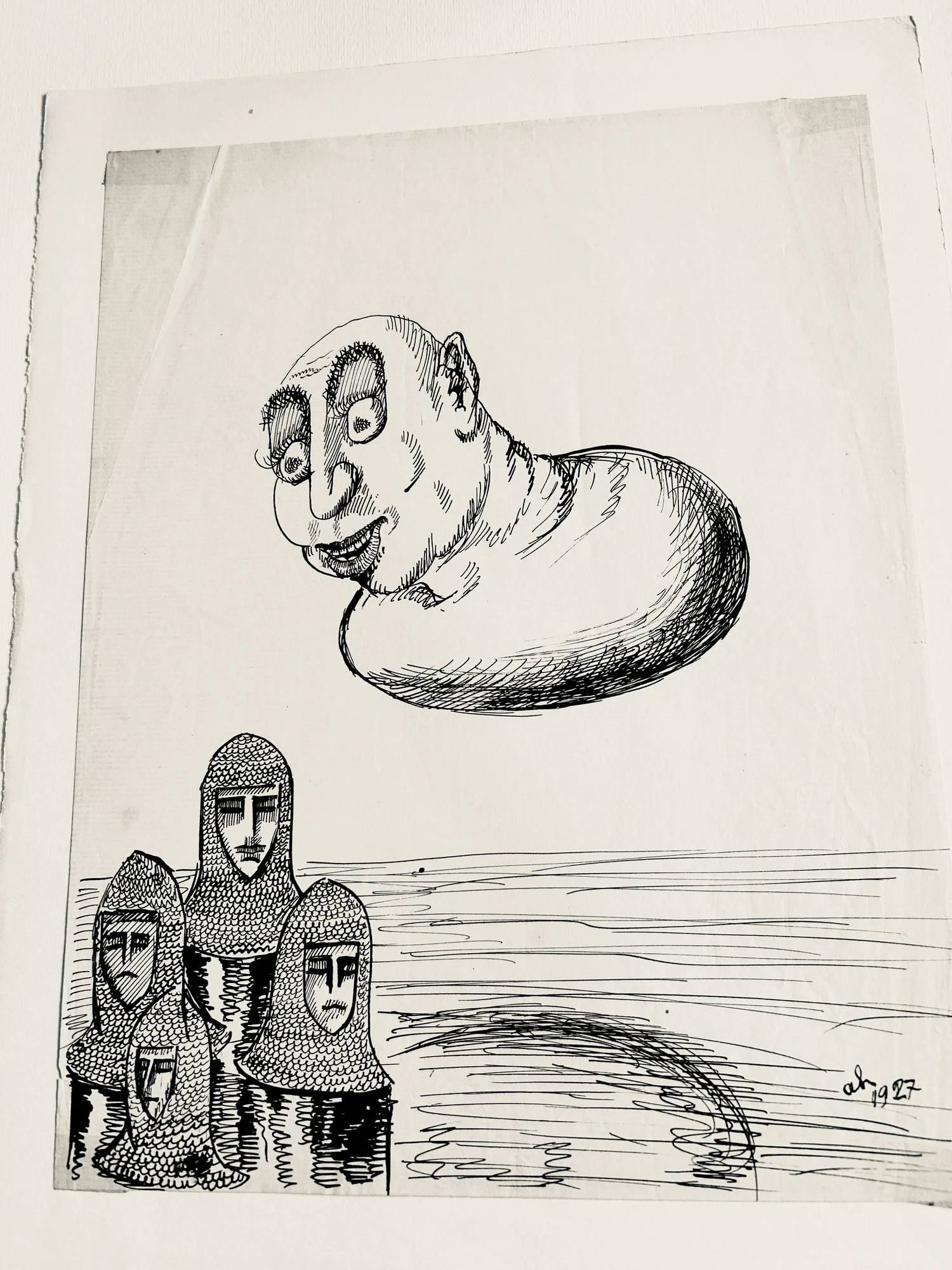 HARFAUX (Artür). — (SANS TITRE). Dessin original (tête suspendue et trois personnages en cotes de mailles). (Réf. 25870)