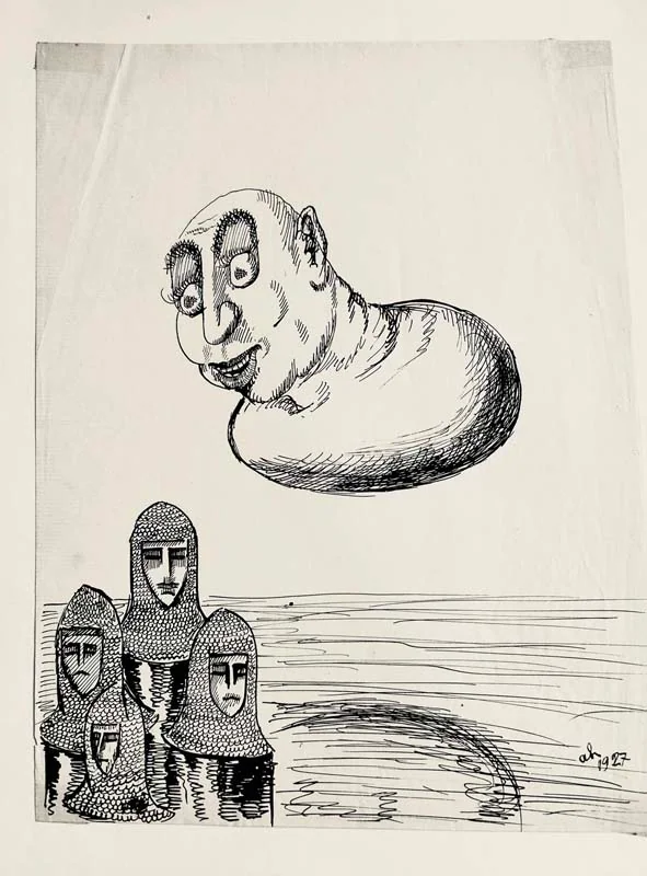 HARFAUX (Artür). — (SANS TITRE). Dessin original (tête suspendue et trois personnages en cotes de mailles). (Réf. 25870)