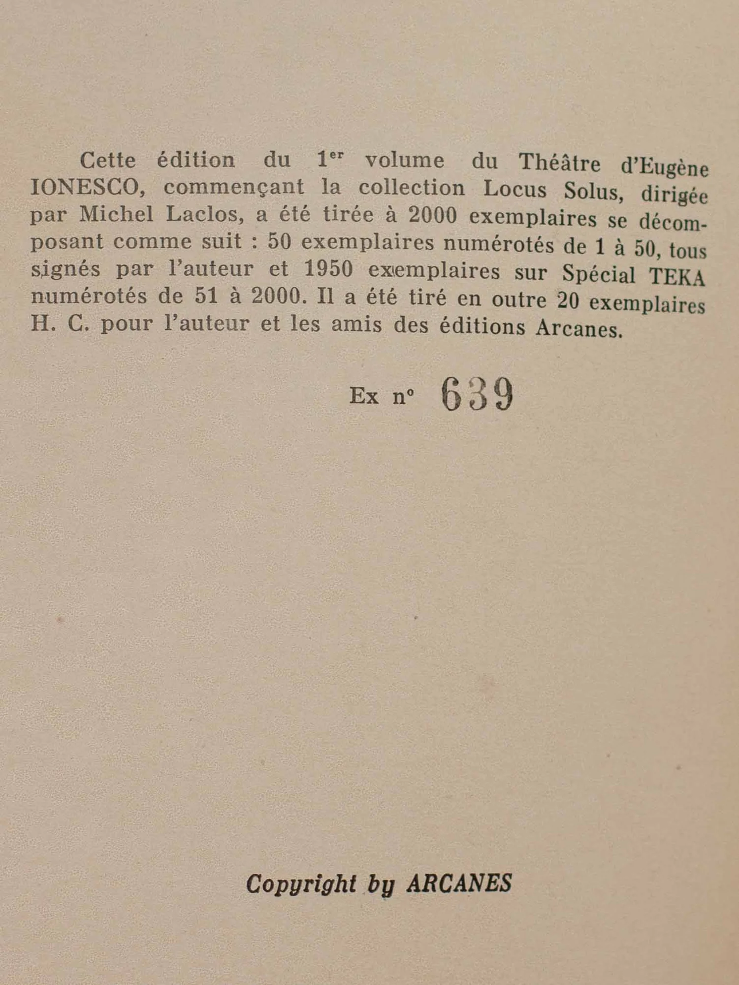 IONESCO (Eugène). — Théâtre - La Cantatrice chauve - La Leçon - Jacques ou la soumission - Le Salon de l'Automobile. (Réf. 26040)