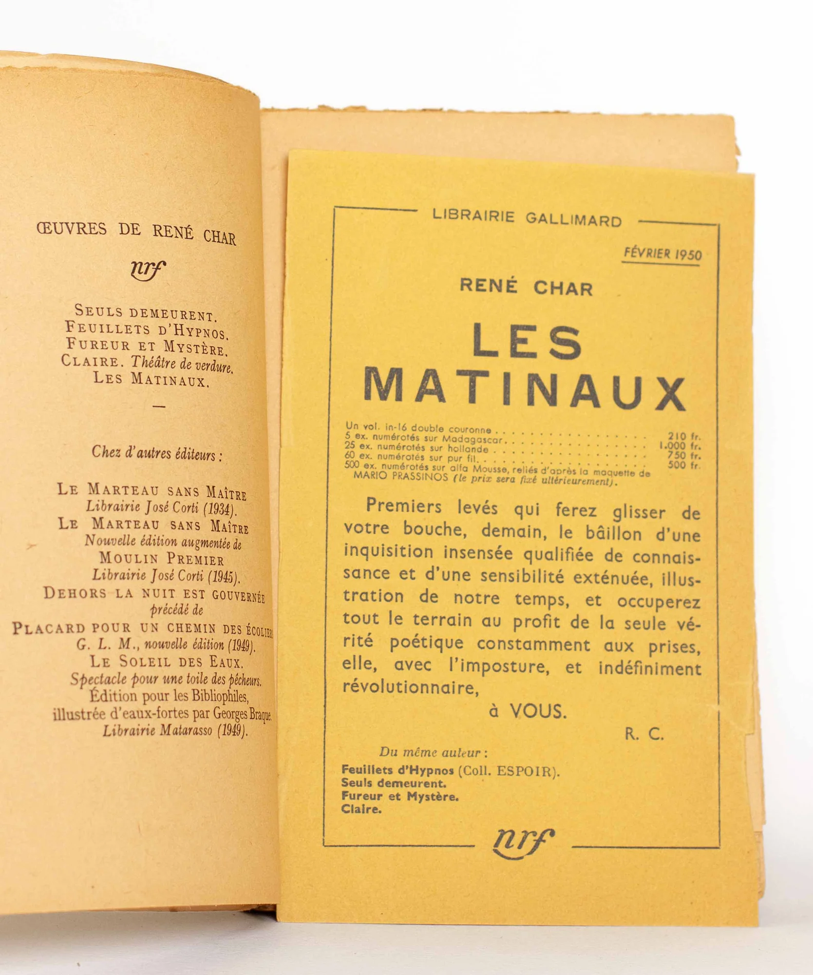 CHAR (René). — Les matinaux. (Réf. 26109)