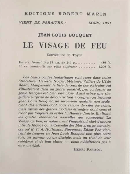 BOUQUET (Jean-Louis). — Le Visage de feu. (Réf. 5287)